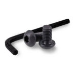 Set of black bolts with washers and an L-shaped Allen wrench on a white background.