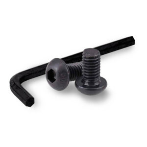 Set of black bolts with washers and an L-shaped Allen wrench on a white background.