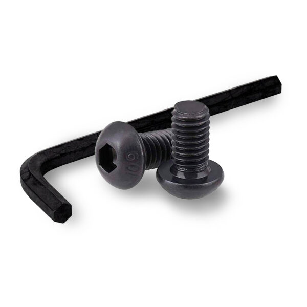 Set of black bolts with washers and an L-shaped Allen wrench on a white background.