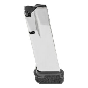 Silver metal pistol magazine with a black textured baseplate and feed lips, angled upright.