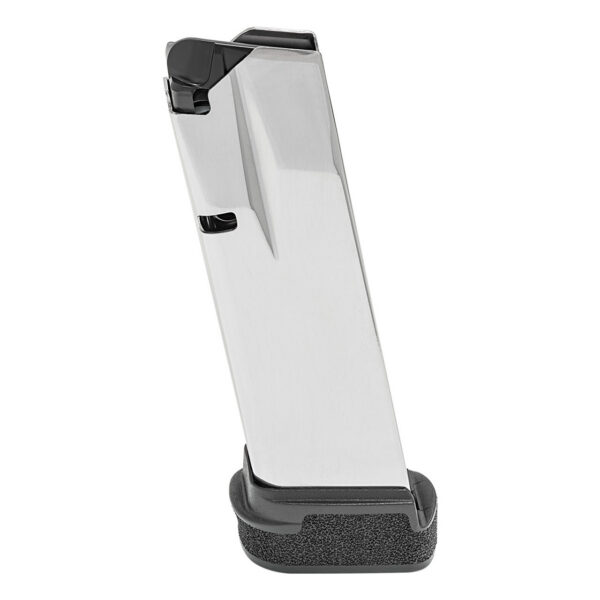 Silver metal pistol magazine with a black textured baseplate and feed lips, angled upright.