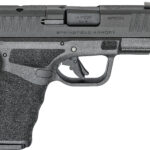 Side view of a gray Springfield Armory 9mm handgun with a textured grip and rails on the slide.