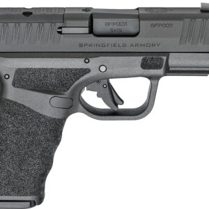 Side view of a gray Springfield Armory 9mm handgun with a textured grip and rails on the slide.