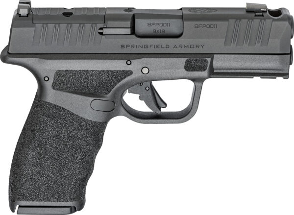 Side view of a gray Springfield Armory 9mm handgun with a textured grip and rails on the slide.