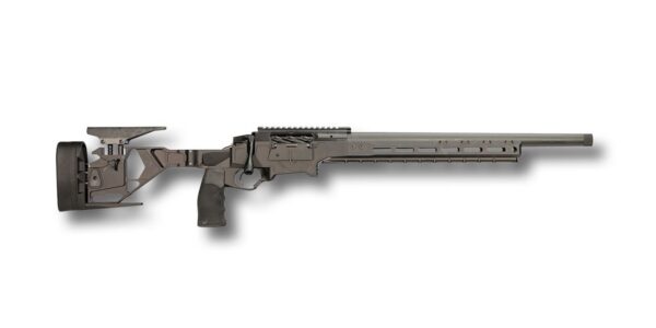 Modern tactical rifle with adjustable stock, pistol grip, and long barrel on a white background.
