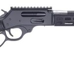 Black lever-action rifle with a synthetic stock and a long ventilated handguard.