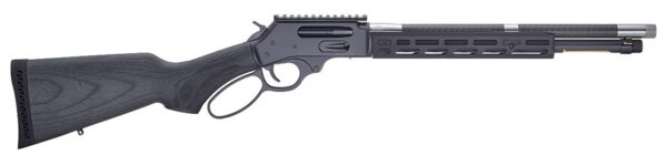 Black lever-action rifle with a synthetic stock and a long ventilated handguard.