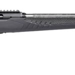 Bolt-action hunting rifle with black synthetic stock and long camo barrel on a white background.