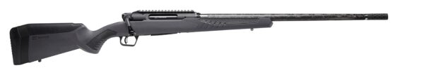 Bolt-action hunting rifle with black synthetic stock and long camo barrel on a white background.
