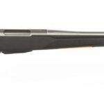 Bolt-action rifle with black synthetic stock and long silver barrel, viewed from the side.