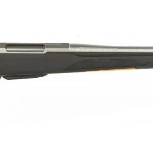 Bolt-action rifle with black synthetic stock and long silver barrel, viewed from the side.