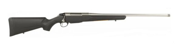 Bolt-action rifle with black synthetic stock and long silver barrel, viewed from the side.