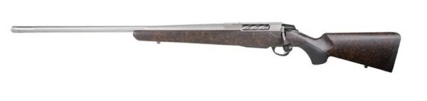 Bolt-action rifle with wooden stock and long metal barrel shown from the side
