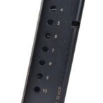 Black ProMag pistol magazine with numbered round-count holes from 2 to 10 and a base plate at the bottom.