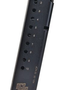 Black ProMag pistol magazine with numbered round-count holes from 2 to 10 and a base plate at the bottom.