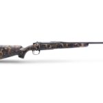 Side view of a camouflaged bolt-action hunting rifle on a white background.