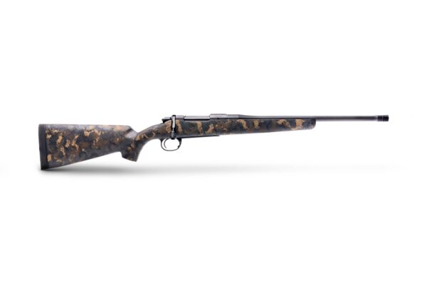 Side view of a camouflaged bolt-action hunting rifle on a white background.