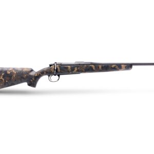 Bolt-action rifle with a woodland camouflage finish shown in profile against a white background.