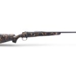 Camouflage-pattern bolt-action rifle with a long barrel shown in side profile on a white background.