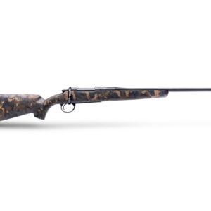 Camouflage-pattern bolt-action rifle with a long barrel shown in side profile on a white background.