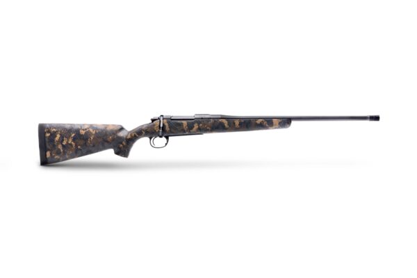 Camouflage-pattern bolt-action rifle with a long barrel shown in side profile on a white background.