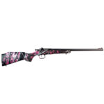 Bolt-action hunting rifle with pink camouflage stock and a long black barrel
