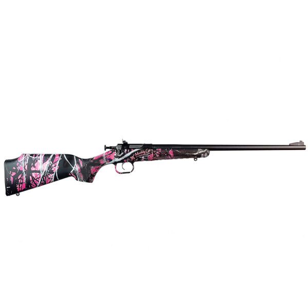Bolt-action hunting rifle with pink camouflage stock and a long black barrel