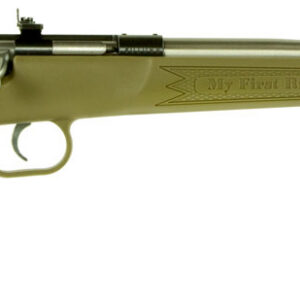 Olive drab bolt-action rifle with a long barrel, engraved 'My First Rifle' on the stock area.