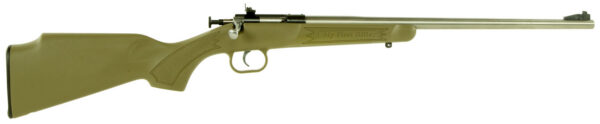 Olive drab bolt-action rifle with a long barrel, engraved 'My First Rifle' on the stock area.