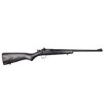 Bolt-action rifle shown in profile with dark wooden stock and long black barrel against a white background