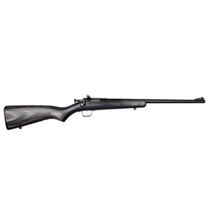 Bolt-action rifle shown in profile with dark wooden stock and long black barrel against a white background