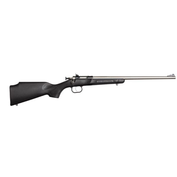 Side view of a bolt-action rifle with a black stock and long metallic barrel, laid horizontally