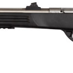 Side view of a black-silver sporting rifle with an ergonomic grip, bolt handle on the right, and railSight mounting for aiming accessories