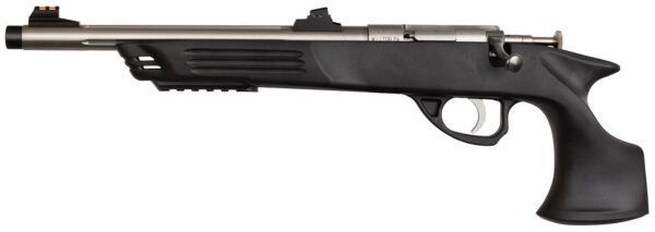 Side view of a black-silver sporting rifle with an ergonomic grip, bolt handle on the right, and railSight mounting for aiming accessories