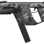 Camouflage-pattern assault rifle with long magazine and top rail system viewed in profile.