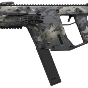 Camouflage-pattern assault rifle with long magazine and top rail system viewed in profile.
