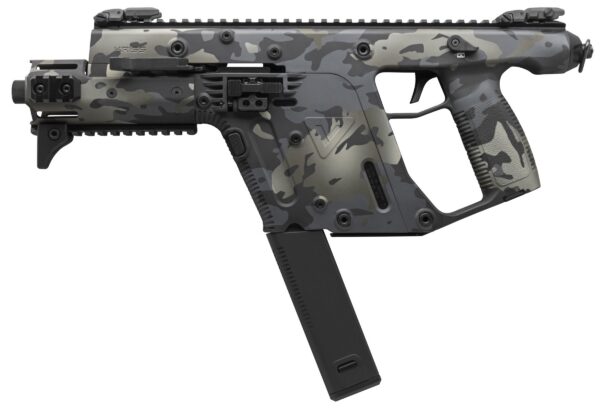 Camouflage-pattern assault rifle with long magazine and top rail system viewed in profile.