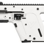 White Kriss Vector rifle with a long black suppressor and adjustable stock, shown in profile on white background.