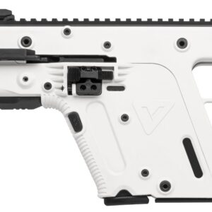 White Kriss Vector rifle with a long black suppressor and adjustable stock, shown in profile on white background.