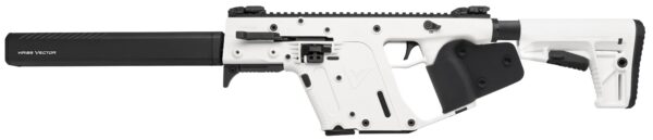 White Kriss Vector rifle with a long black suppressor and adjustable stock, shown in profile on white background.