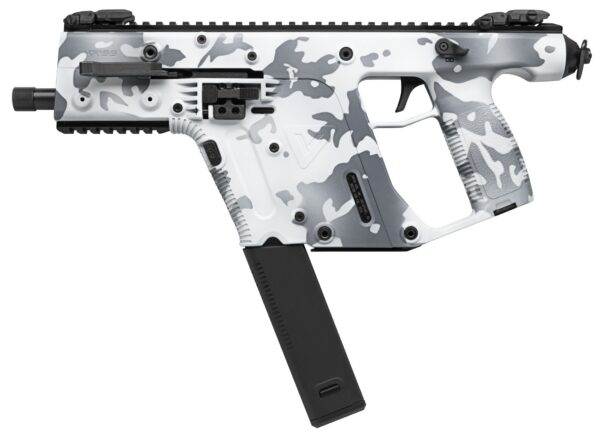 Side view of a white-and-gray camouflage AR-style rifle with a black magazine and rail system