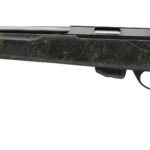 Bolt-action rifle with a long barrel and dark green camo-patterned stock, shown on a white background