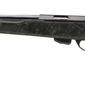 Bolt-action rifle with a long barrel and dark green camo-patterned stock, shown on a white background