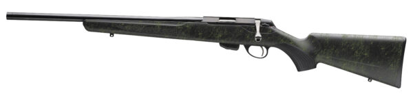 Bolt-action rifle with a long barrel and dark green camo-patterned stock, shown on a white background
