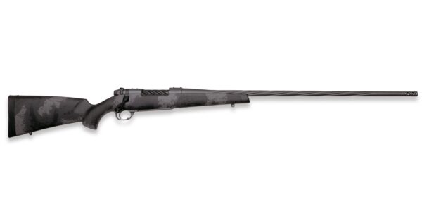 Bolt-action hunting rifle with a camouflaged stock and long barrel on a white background