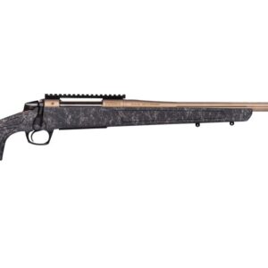 Bolt-action sniper rifle in dark marble camouflage with bronze barrel, shown in profile on white background.