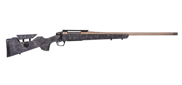 Bolt-action sniper rifle in dark marble camouflage with bronze barrel, shown in profile on white background.