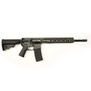 AR-15 style rifle with adjustable stock and long handguard on a white background, shown in profile