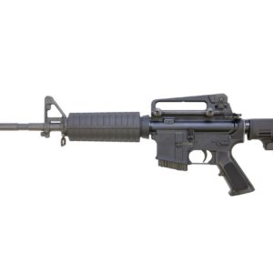Profile view of a black modern assault rifle with a ribbed fore-end and adjustable stock.
