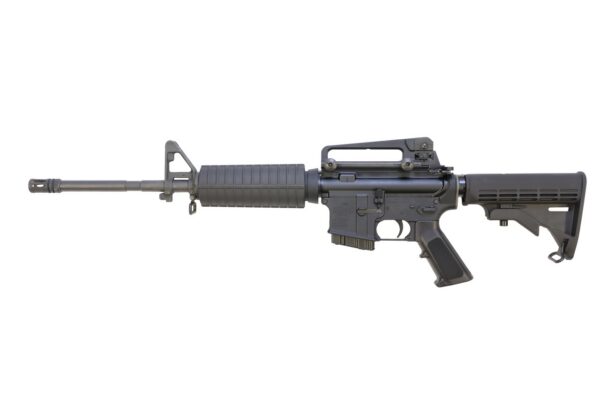 Profile view of a black modern assault rifle with a ribbed fore-end and adjustable stock.